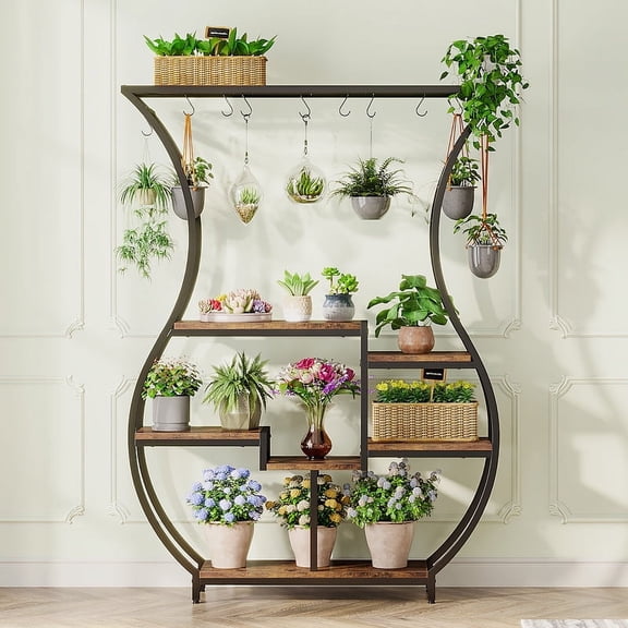 Tribesigns 70.9 Inch Tall Plant Stand, 6-Tier Plant Shelf with 10 Hanging Hooks, Vase Shaped Ladder Plant Stand, Plant Display Rack, Rustic Brown