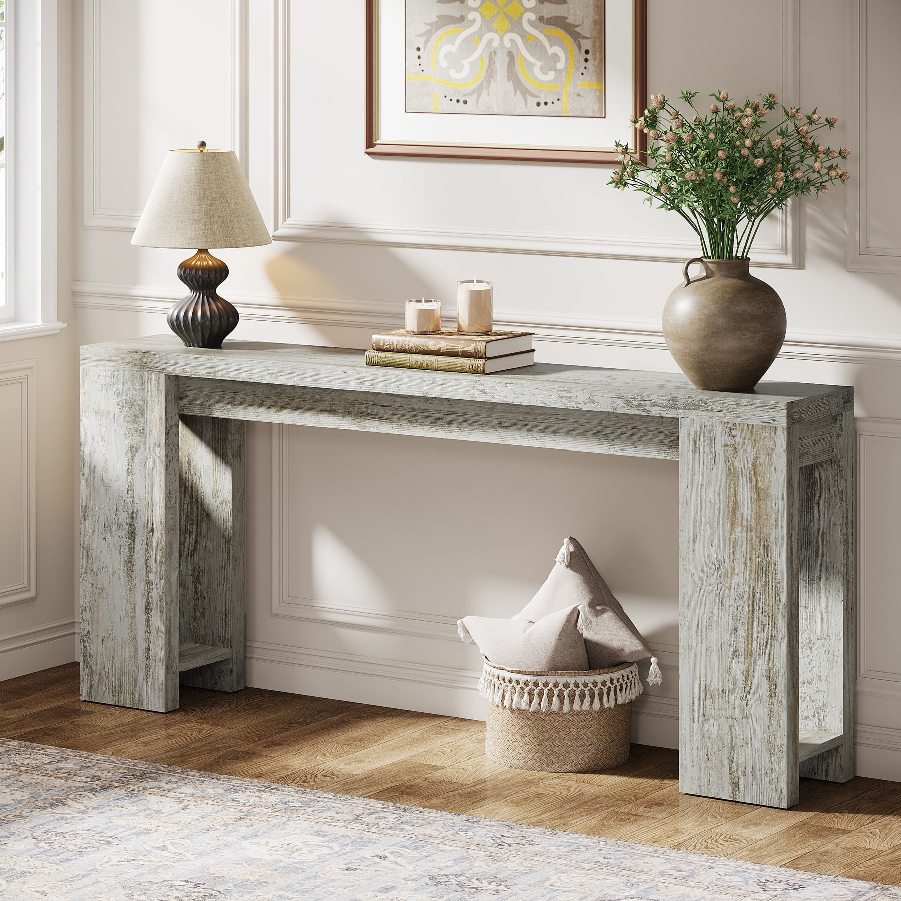 Tribesigns 70.9" Long Console Table, Farmhouse Wood Sofa Table Behind Couch for Entryway, Distressed White