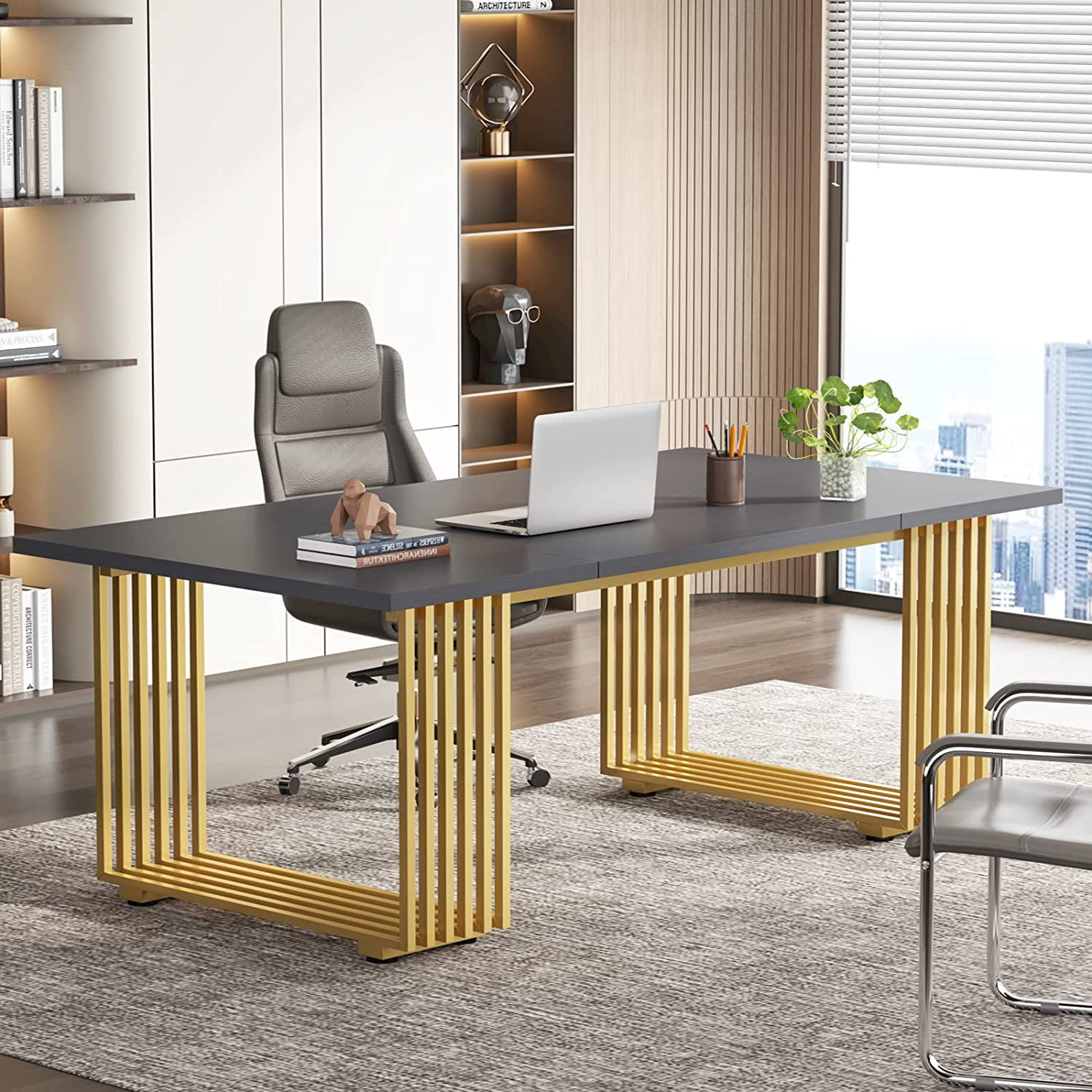 Tribesigns 70.9 Modern Executive Office Desk Gray Conference Desk with Gold Metal Frame