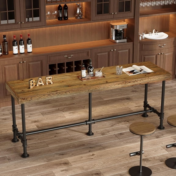 Finmind 70.9" Solid Wood Bar Table for 6-8 People, Industrial Counter Height Pub Table with Metal Footrest, Rectangular High Top for Kitchen Dining, Rustic Brown