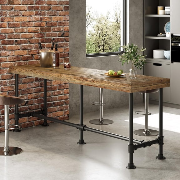 Tribesigns 70.9" Solid Wood Bar Table for 6–8 People, Counter Height Pub Table with Metal Footrest, Rustic Brown