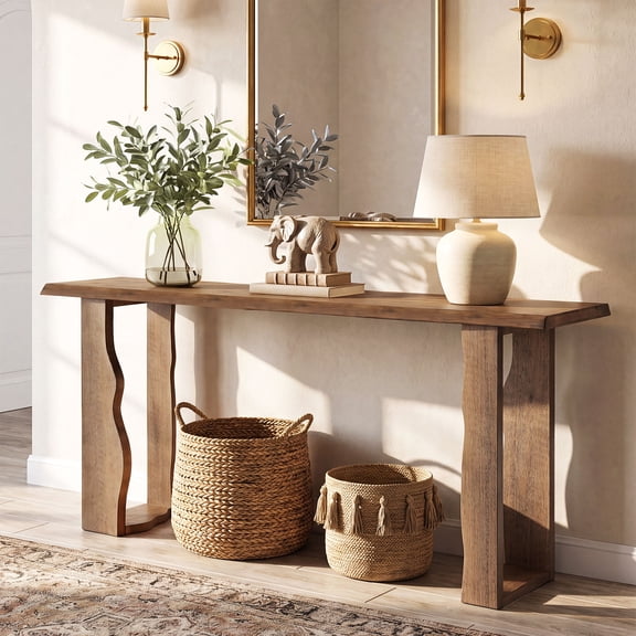 Tribesigns 70.9'' Solid Wood Console Table, Live Edge Rustic Pinewood Entryway Table with Wavy Legs for Hallway, Foyer, Rustic Brown