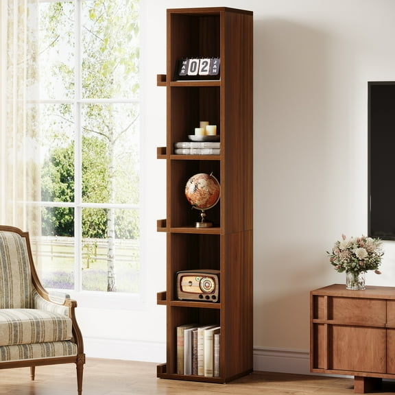 Tribesigns 70.9" Tall Narrow Bookcase, 5-Tier Slim Cube Wooden Bookshelf with Side Storage