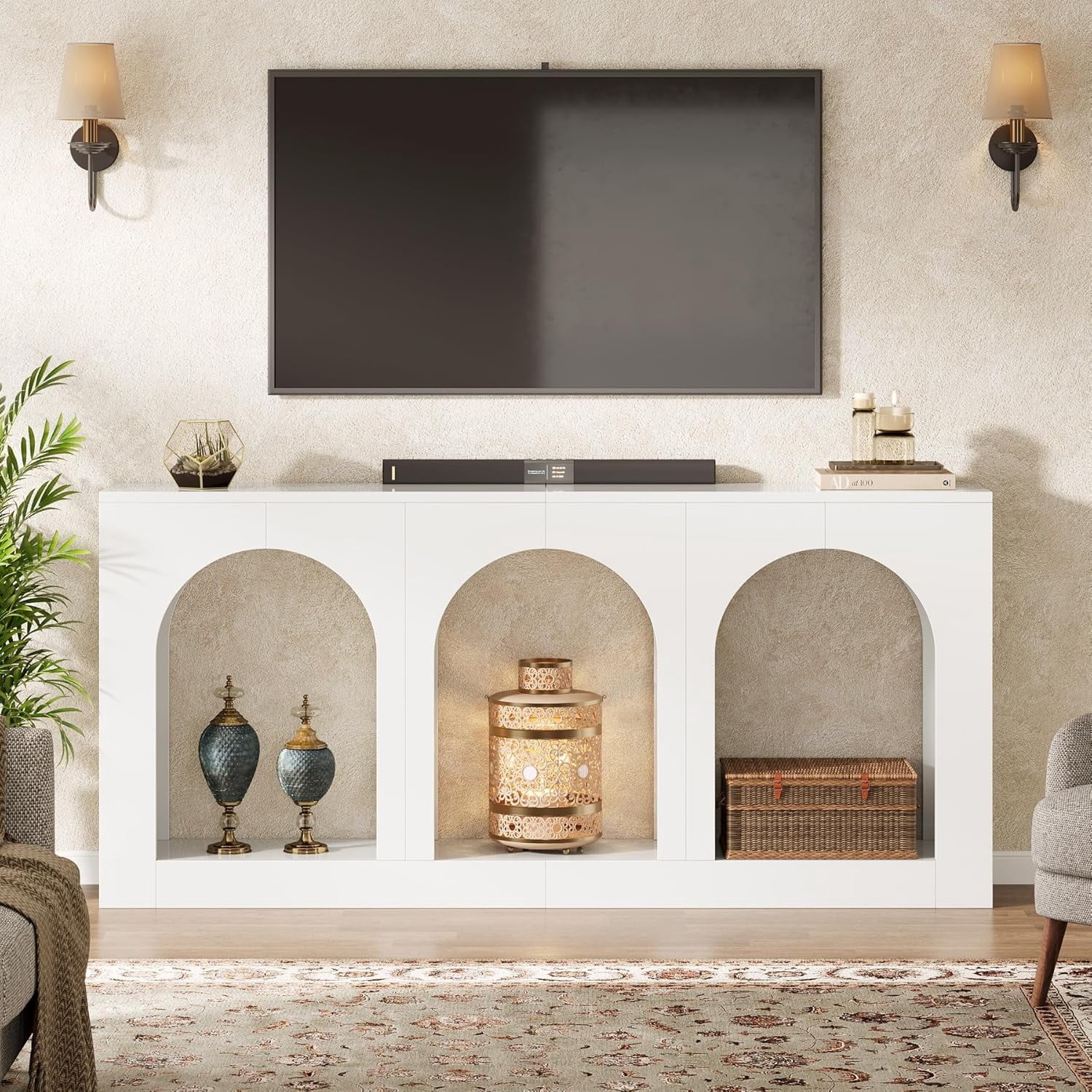 Tribesigns 70.9" White Console Entryway Table: Inviting Design with Three Arched Shelves, Offering Spacious Storage for Foyer, Living Room, Behind Sofa