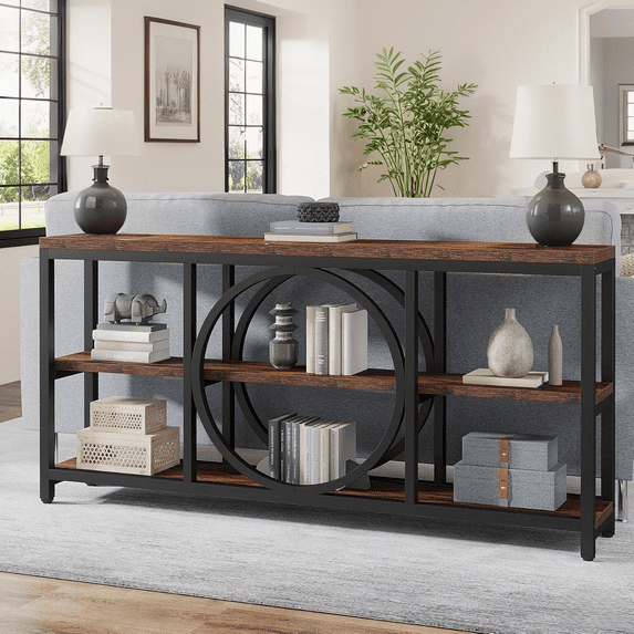 Tribesigns 70.9 inch Extra Long Console Table, Narrow Sofa Tables with 3 Tier Wood Storage Shelves Industrial Metal Frame for Entryway Living Room Behind Couch, Rustic Brown Black