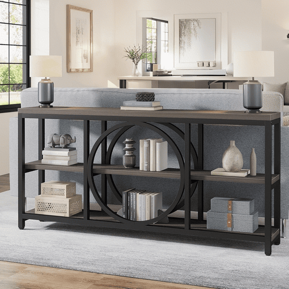 Tribesigns 70.9 inch Extra Long Console Table, Narrow Sofa Tables with 3 Tier Wood Storage Shelves Industrial Metal Frame for Entryway Living Room Behind Couch, Black Rustic Gray