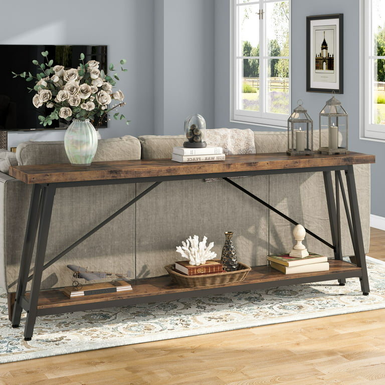 Extra Long Sofa Console Table with Storage Shelves Brown Entryway