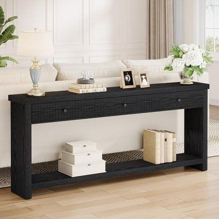 Tribesigns 70.9 inch Sofa Console Table with 3 Drawers, Extra Long Entryway Table with Open Storage Shelves for Living Room Entrance, Black