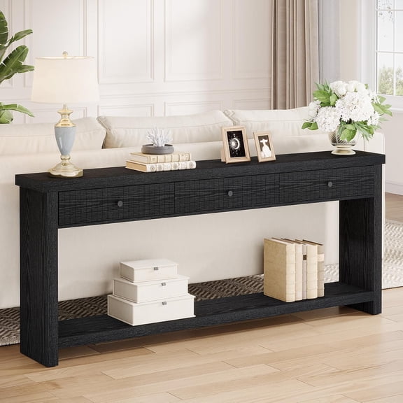 Tribesigns 70.9 inch Sofa Console Table with 3 Drawers, Extra Long Entryway Table with Open Storage Shelves for Living Room Entrance, Black