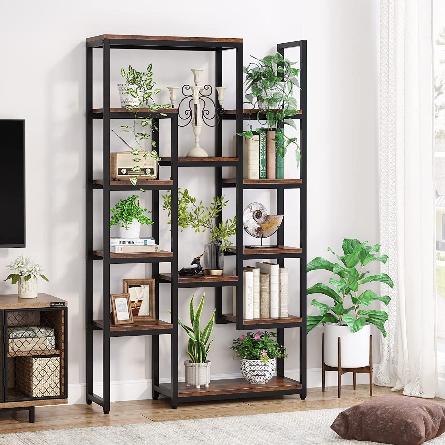 Rustic Brown 6-Tier Industrial Metal and Wood Bookshelf