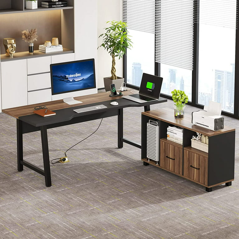 Tribesigns 70.9 x 31.5 Extra Large Office Executive Desk with Power Outlet  and File Cabinet, Office Workstation, Walnut & Black
