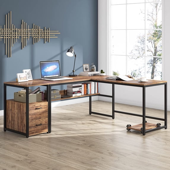 Tribesigns 70 Inch Modern L-Shaped Desk with Bookcase and Cabinet, L Shapes Computer Desk Study Table Super Sturdy Workstation with Drawers for Home Office with Hutch