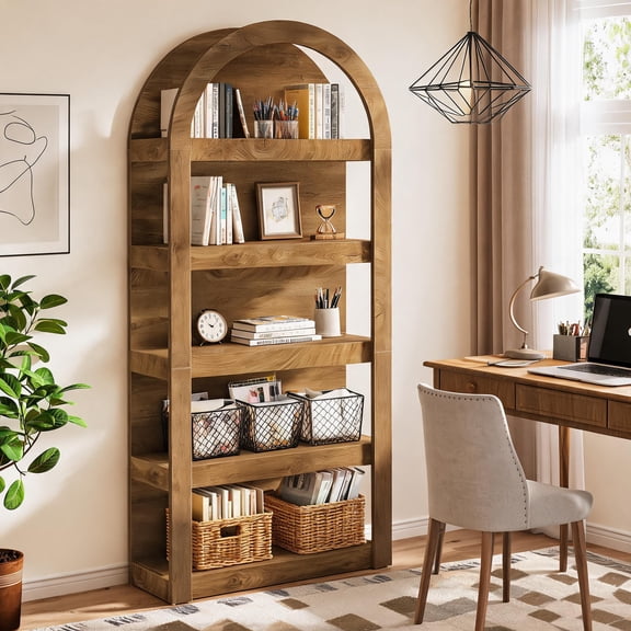 Fnova 70" Open Arch Bookcase, 5-Tier Display Storage Shelf, Space-Saving Farmhouse Bookshelf for Living Room, Bedroom, Home Office, Brown