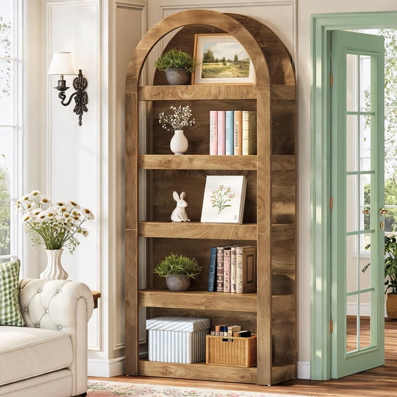 Fnova 70" Open Arch Bookcase, 5-Tier Display Storage Shelf, Space-Saving Farmhouse Bookshelf for Living Room, Bedroom, Home Office, Brown