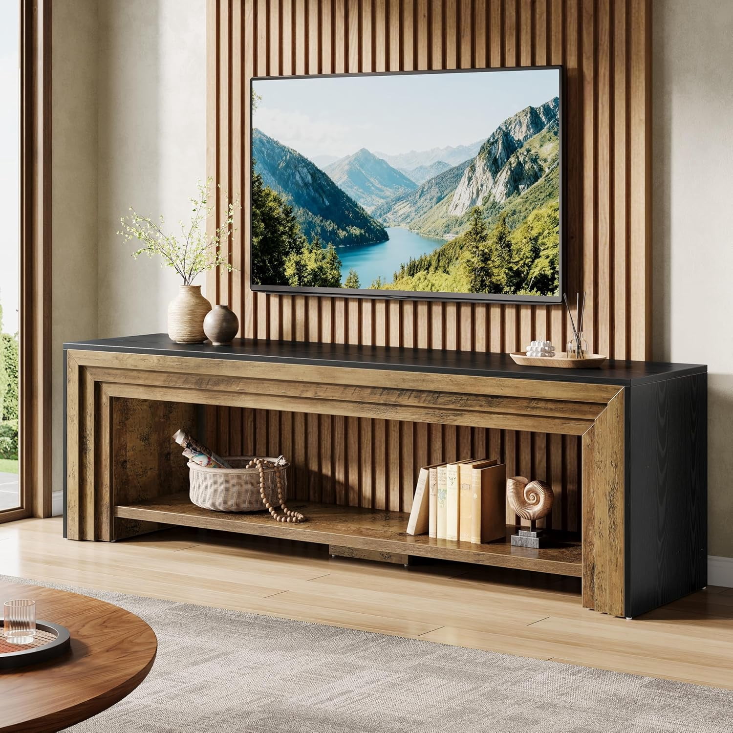 Tribesigns 70" TV Stand for 65/75/80-Inch TVs, Farmhouse Long Entertainment Center with Open Storage Shelves, Bedroom, Rustic Brown & Black