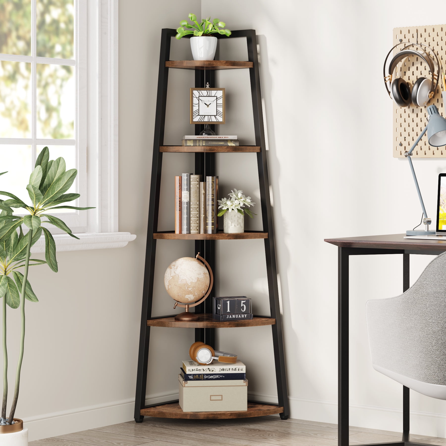Brown 70-Inch Industrial Corner Ladder Bookshelf