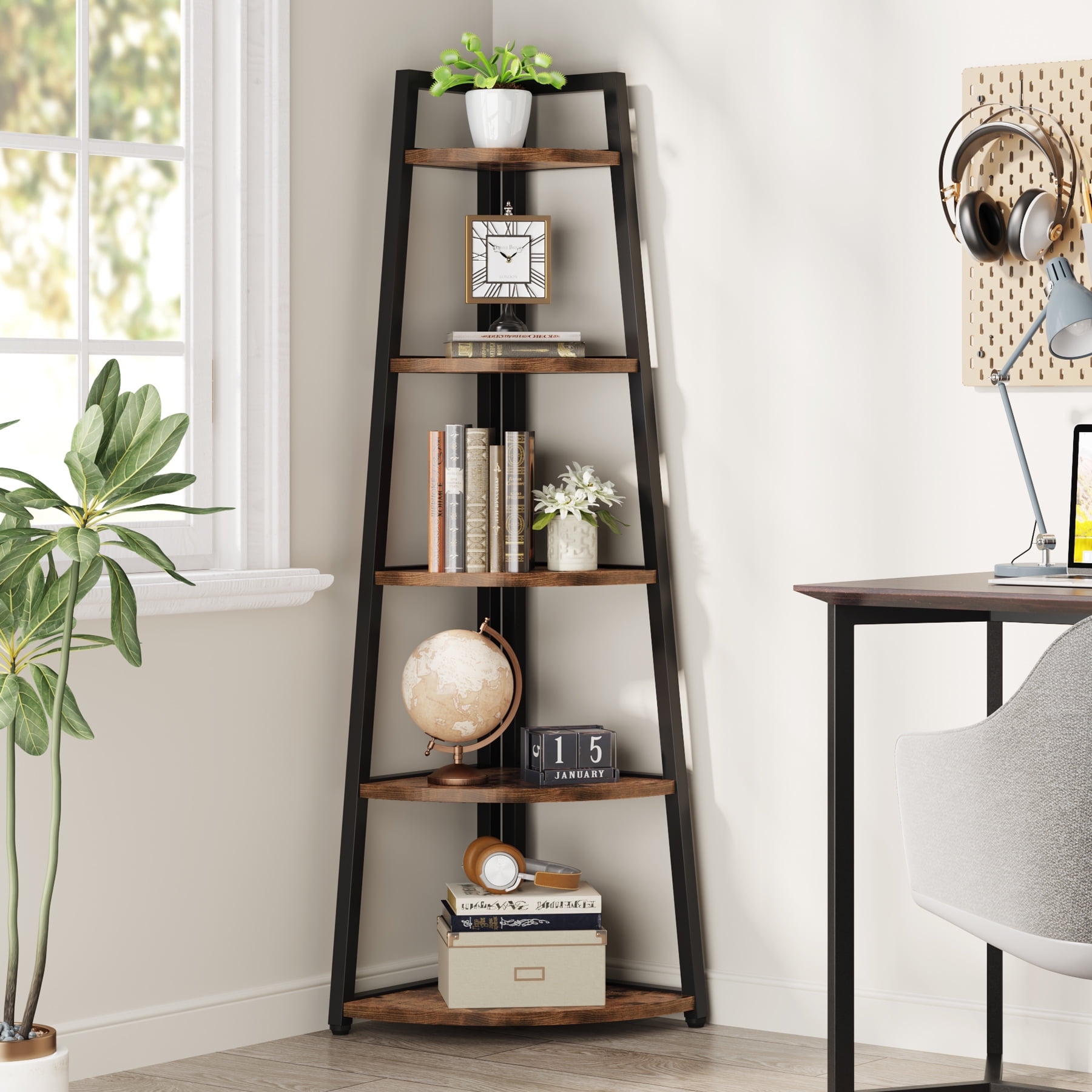 Brown 70-Inch Industrial Corner Ladder Bookshelf