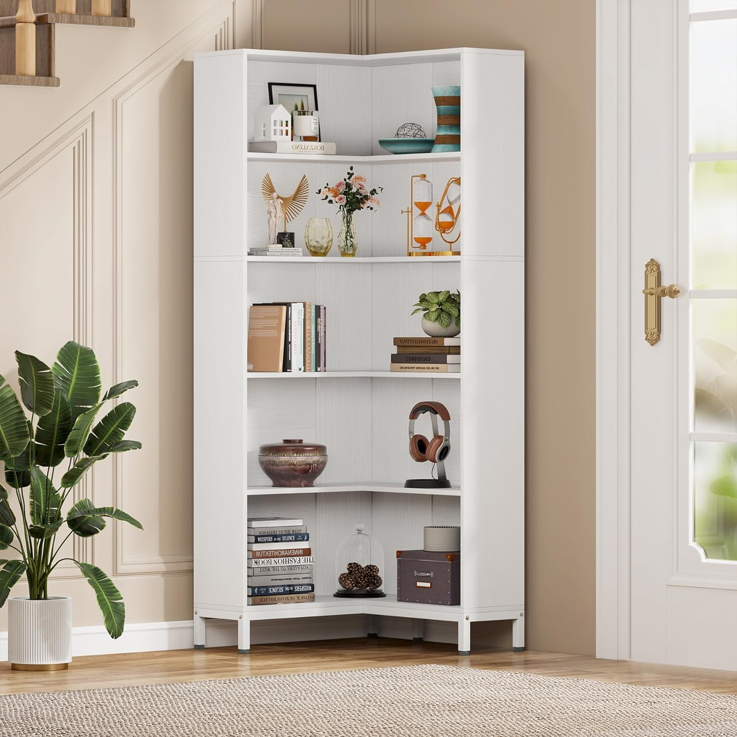 White 6-Tier L-Shaped Corner Bookcase with Metal Frame