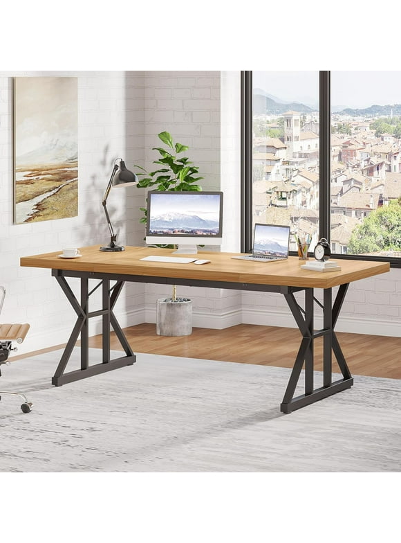 Tribesigns 71" Executive Desk, Large Computer Desk Study Writing Table for Home Office (Light Walnut/Black)