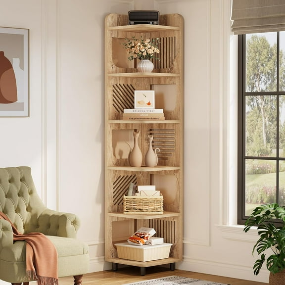 Tribesigns 71-Inch Corner Shelf, 6-Tier Tall Corner Bookshelf, Narrow Corner Bookcase with Square Rack, Natural