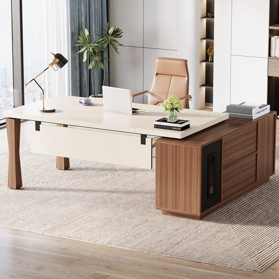 Tribesigns 71-Inch Executive Desk, L-Shaped Desk with Cabinet, Large Office Desk with Storage Shelves, Writing Table Desk Business Furniture Set for Home Office