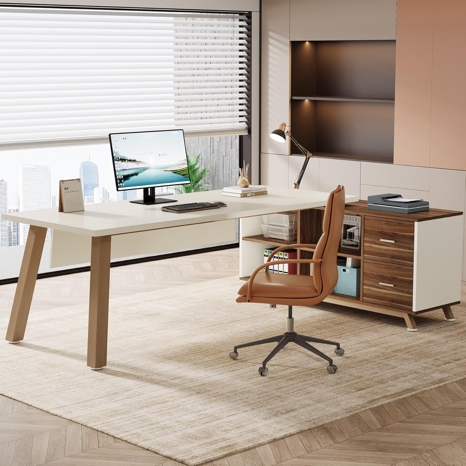 Tribesigns 71-Inch Executive Desk, L-Shaped Desk with 55-Inch Cabinet, Large Office Desk with Storage Shelves for Home Office