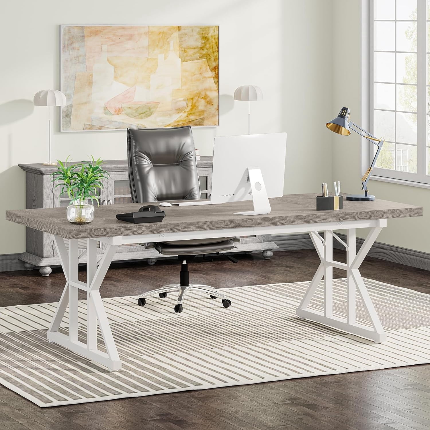 Finmind 71 Inch Executive Desk, Large Computer Office Desk, Modern Study Writing Table for Home Office (Grey/White)