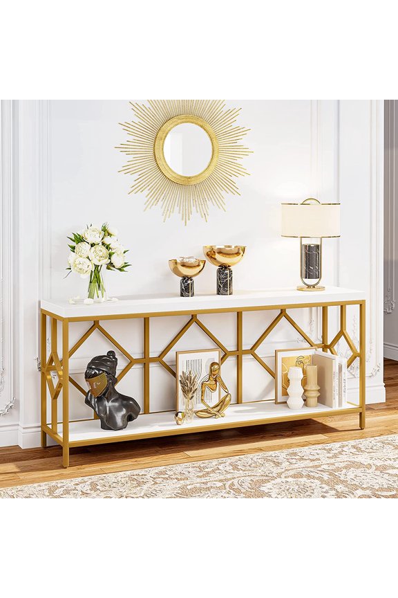 71 Inch Extra Long Sofa Table, Narrow Long Sofa Console Tables Behind Couch Table with Open Storage Shelf, White & Gold
