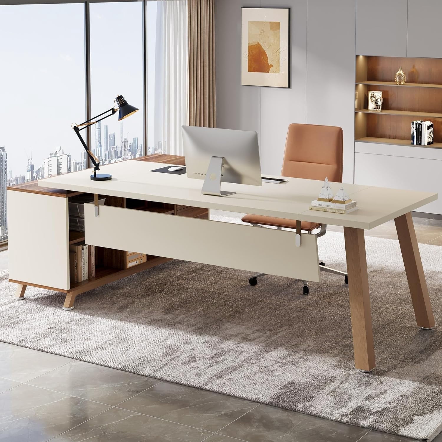 Finmind 71-Inch L-Shaped Executive Desk with 55-Inch Cabinet, Modern Office Computer Desk, Walnut & White