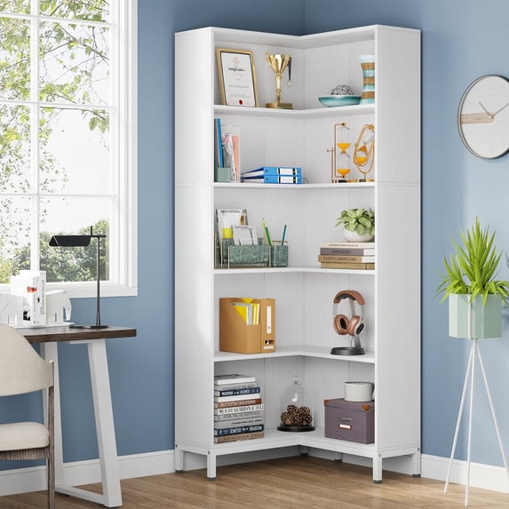 Tribesigns 71" L-Shaped Bookcase, 6-Tier Corner Bookshelf, Industrial Storage Display Rack, White