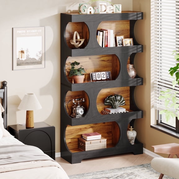 Tribesigns 5-Tier S-Shaped Bookcase, 71" Wood Storage Shelving, Office Living Room, Black & Brown