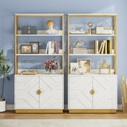 Tribesigns 71" Tall Etagere Bookcase with 3 Shelves 2 Cabinets, White and Gold Bookshelf with Doors, Modern Open Display Bookshelf for Living Room Bedroom Office