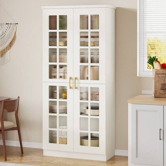 Tribesigns 71-Inch Tall Storage Cabinet with Acrylic Doors, 7-Tier Kitchen Pantry Cabinet with Adjustable Shelves, Cupboard Food Pantry Floor Storage Cabinet for Living Room, White