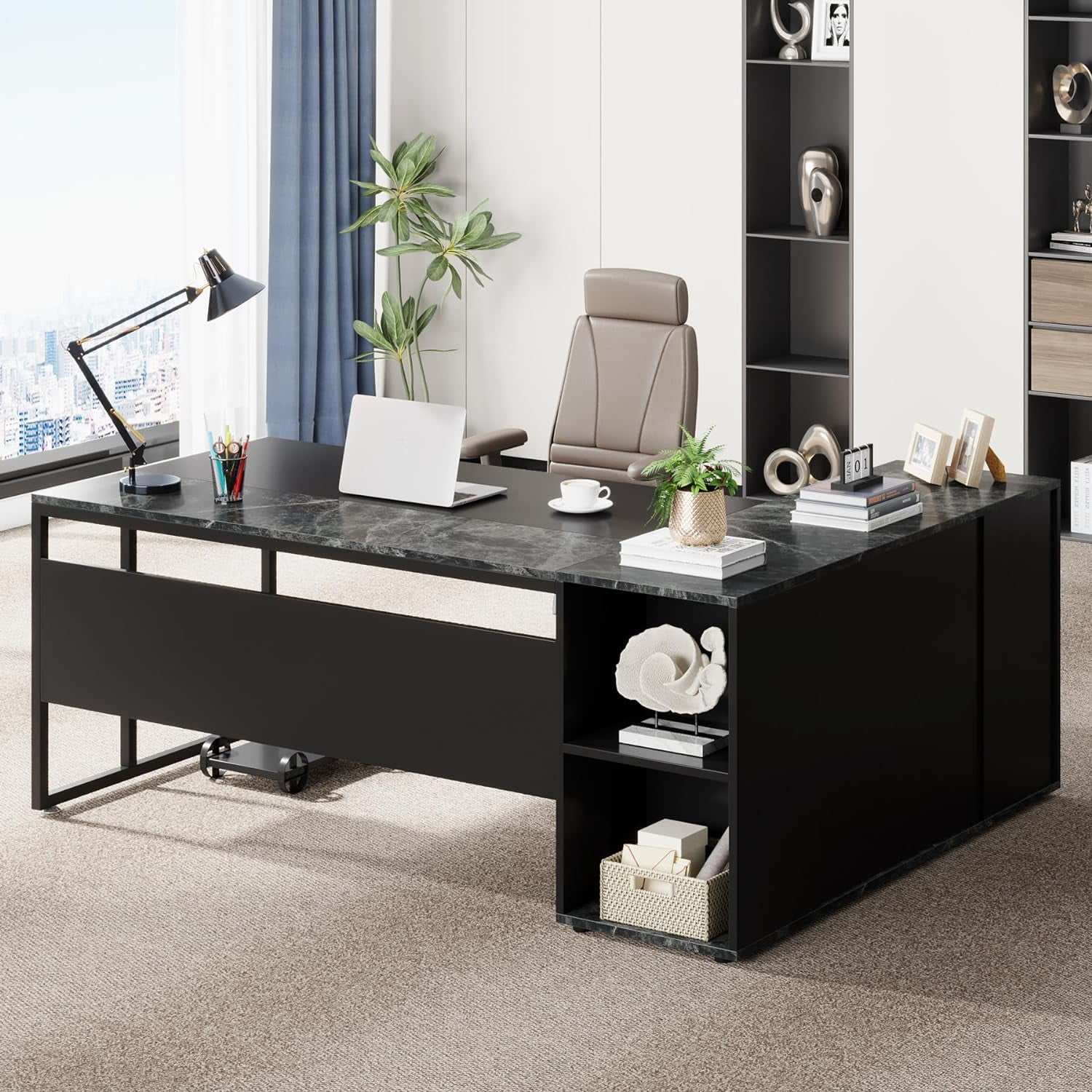 Tribesigns 71 inch L Shaped Executive Desk with Cabinet Storage, Rustic Brown Business Furniture Desk Workstation with Shelves for Home Office