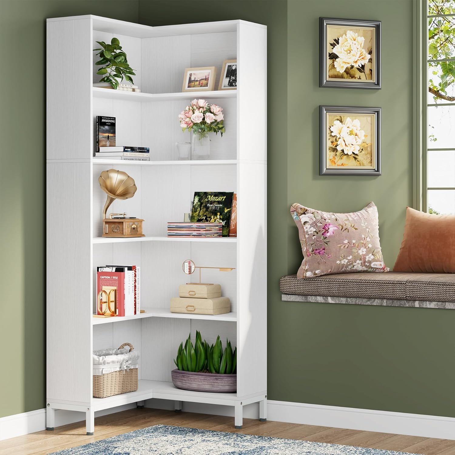 Tribesigns 71 inches Corner Bookcase Industrial 6 Shelves L Shaped Bookshelf White