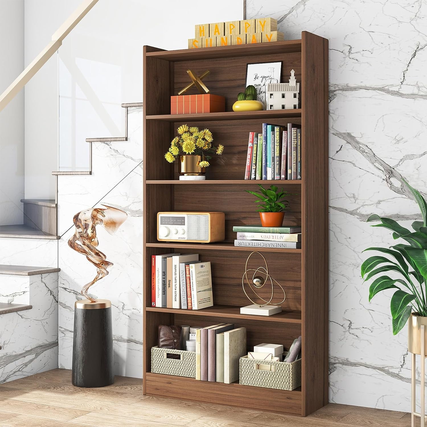 Brown Wood 72" Tall 6-Tier Open Storage Bookshelf