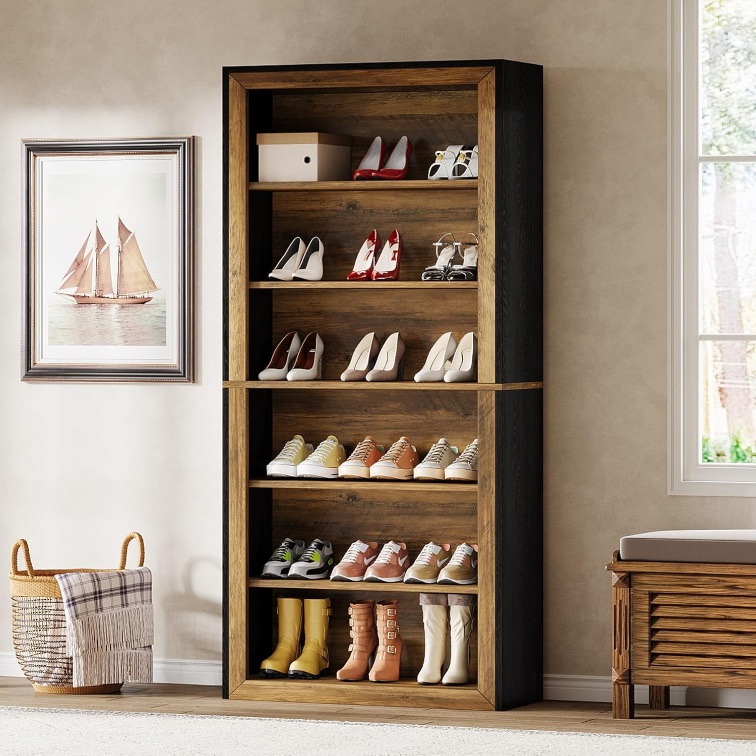 Image showcasing Tribesigns 74.4'' Tall Shoe Cabinet, 7-Tier Freestanding Shoe Storage ...
