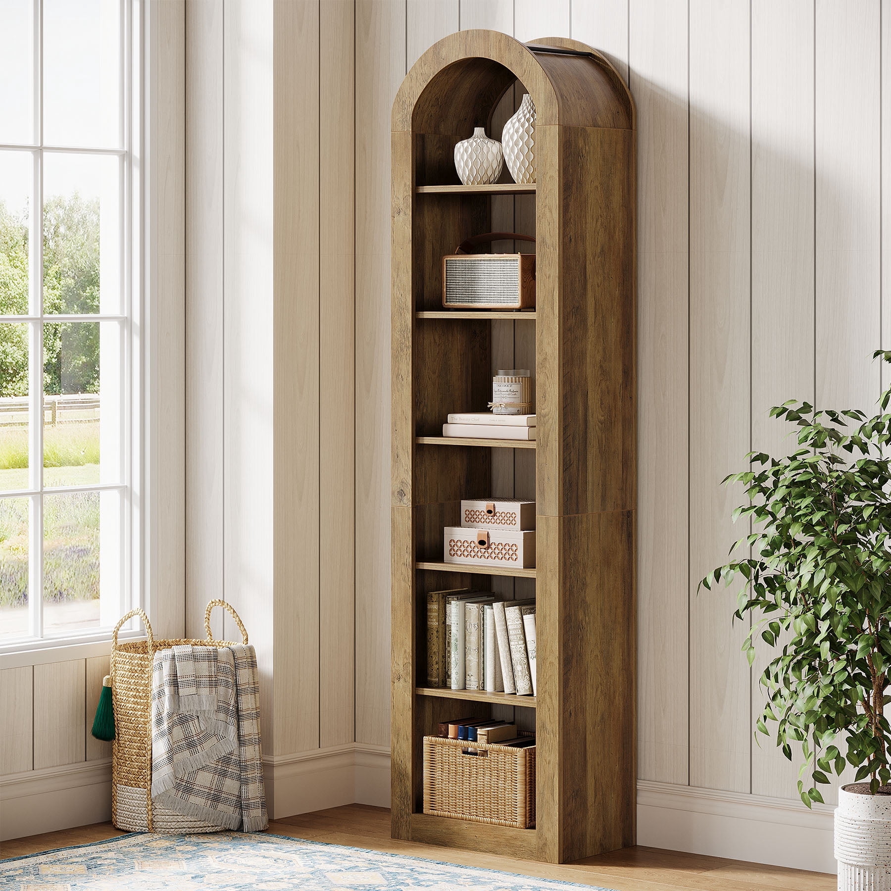 Tribesigns 74.8" Tall Arched Bookshelf, 6-Tier Narrow Open Bookcase, Floor Standing Corner Display Shelves Storage Organizer for Small Space, Home Office, Living Room