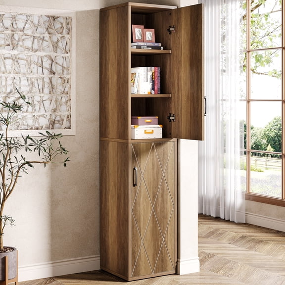 Tribesigns 75.39" Wood Storage Cabinet: Modern, Slim-Line Floor Cabinet with 2 Doors & 6 Shelves, Brown