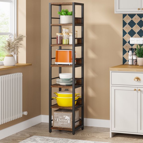 Tribesigns 75 Inch Tall Narrow Bookcase for Small Spaces, 6-tier Corner Square Storage Bookshelves, Bookcase Display Stand Shelving Units for Home Office, Brown