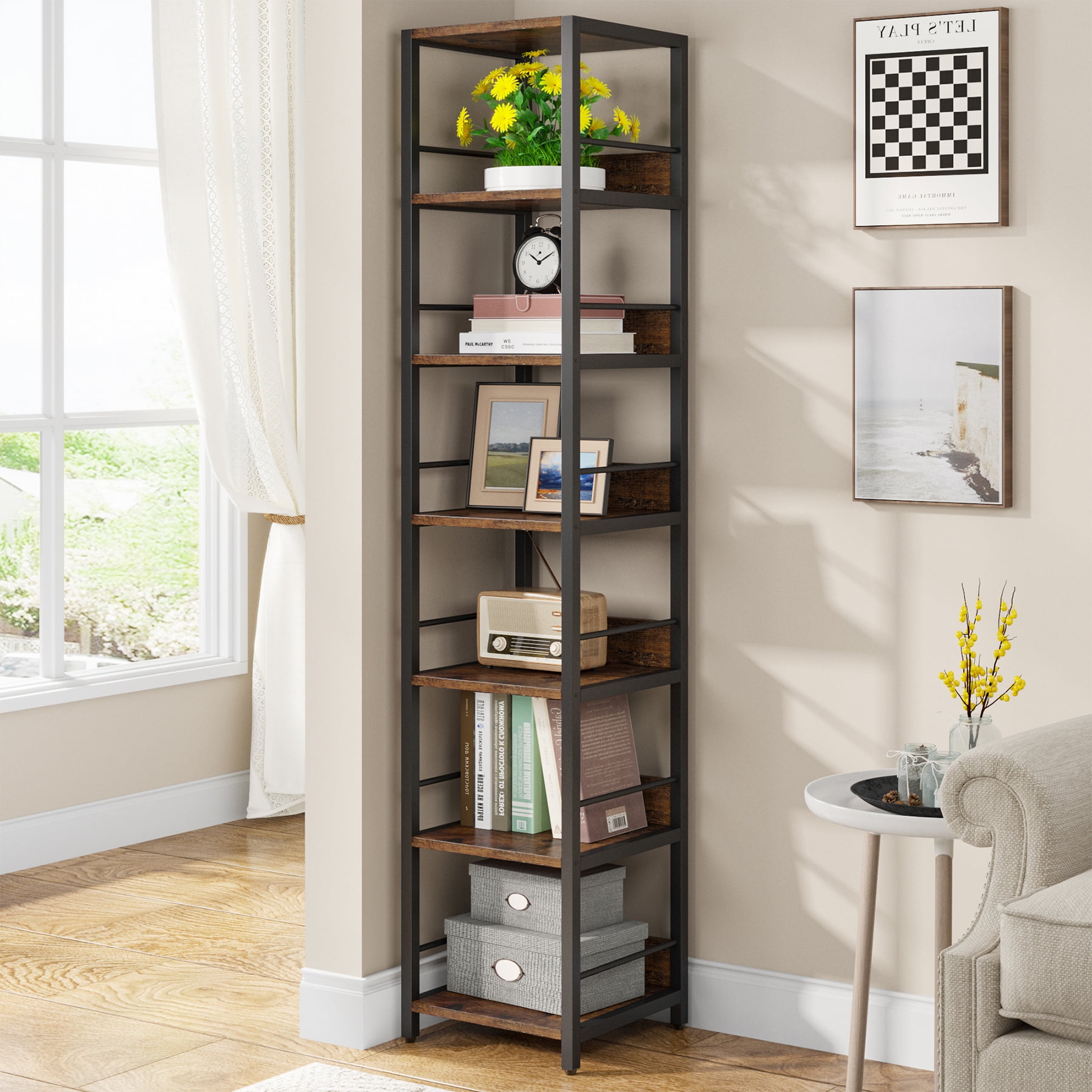 Tribesigns 75 Inch Tall Narrow Bookshelf for Small Spaces, 6-tier  Multipurpose Storage Rack Book Shelves, Rustic Corner Square Shelf Tower,  Skinny
