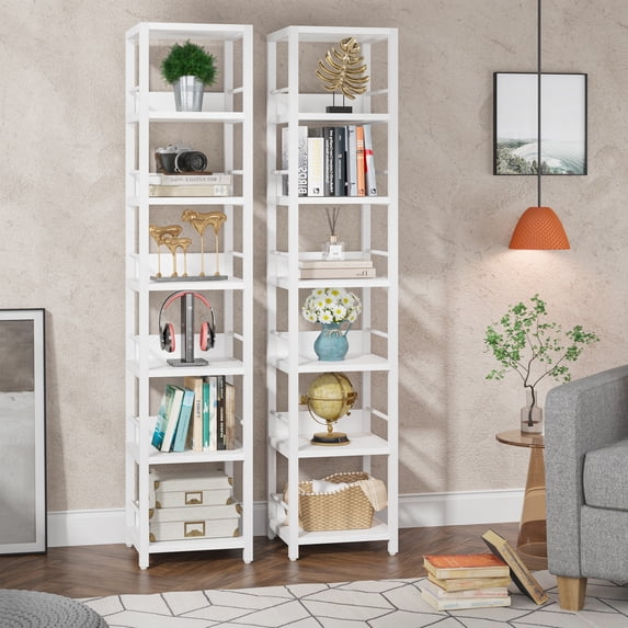 Tribesigns 75 Inches Tall Narrow Bookshelf, 6-tier Multipurpose Storage Rack Book Shelves, Rustic Corner Square Shelf Tower, Skinny Bookcase Display Stand Shelving Units, 2 PCS