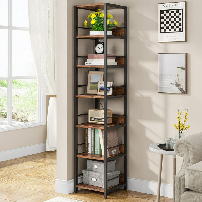 Tribesigns 75 Tall Narrow Bookshelf for Small Spaces, 6 Tier Corner  Storage Rack Open Bookcase for Home Office, Rustic Brown