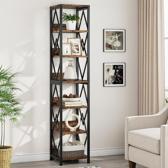 Tribesigns 75 inches Tall Bookshelf, Narrow Bookcase Skinny Open Storage Display Rack for Home Office, Brown