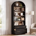 thumbnail image 1 of Fnova 76.8" Tall Arched Bookcase, 5-Tier Bookshelf with File Cabinet Drawer, Large Open Display Storage Shelves for Home Office, Living Room, Black, 1 of 15