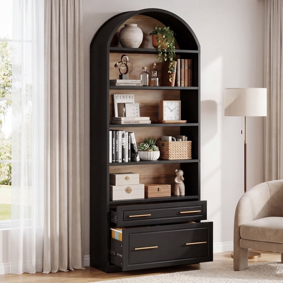 Fnova 76.8" Tall Arched Bookcase, 5-Tier Bookshelf with File Cabinet Drawer, Large Open Display Storage Shelves for Home Office, Living Room, Black