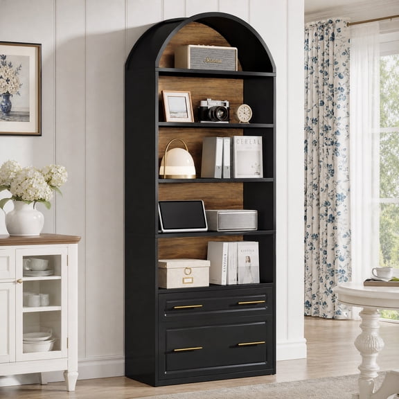 Fnova 76.8" Tall Arched Bookcase, 5-Tier Bookshelf with File Cabinet Drawer, Large Open Display Storage Shelves for Home Office, Living Room, Black