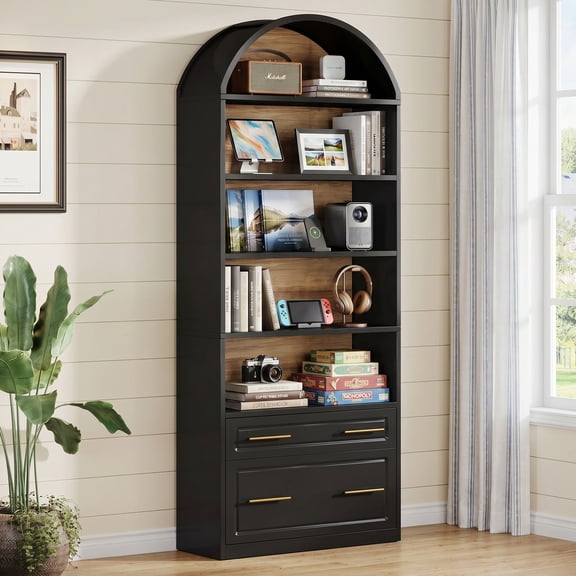 Fnova 76.8" Tall Arched Bookcase, 5-Tier Bookshelf with File Cabinet Drawer, Large Open Display Storage Shelves for Home Office, Living Room, Black