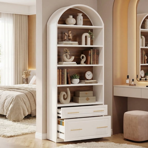 Fnova 76.8" Tall Arched Bookcase, 5-Tier Bookshelf with File Cabinet Drawer, Large Open Display Storage Shelves for Home Office, Living Room, White