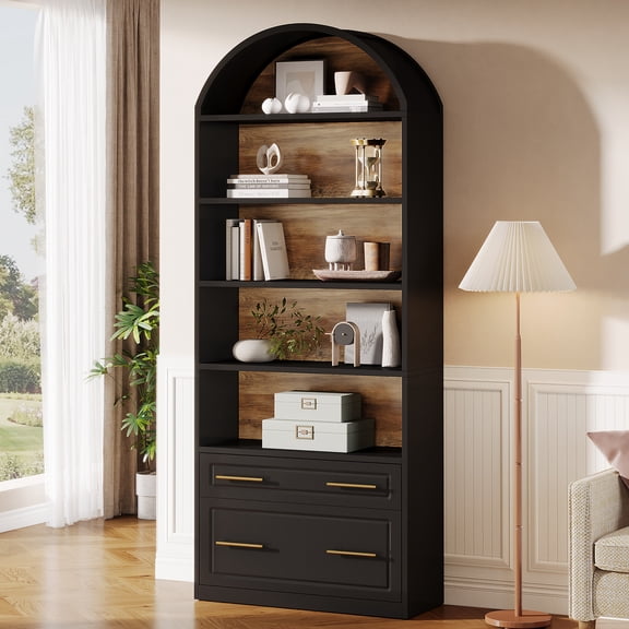 Tribesigns 77" Tall Arched Bookcase, 5-Tier Freestanding Wooden Bookshelf with File Cabinet Drawer, Black